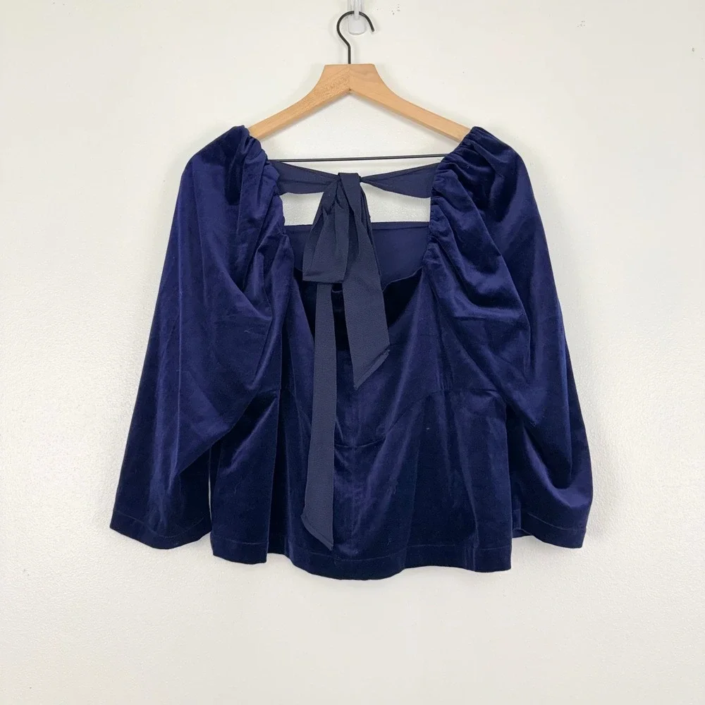 Banana Republic Velvet Top Womens L Navy Blue Puff Sleeve Bow Back Square Neck
